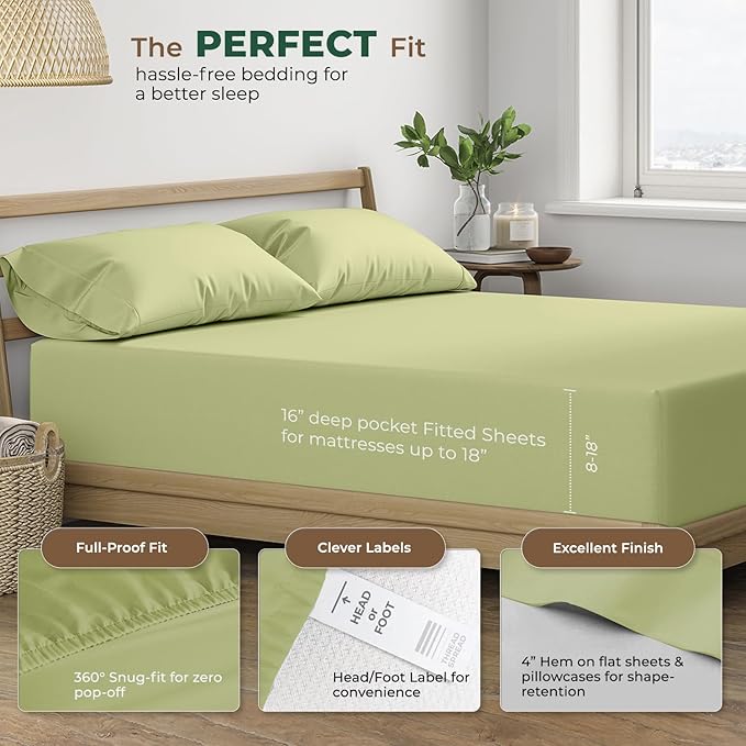 THREAD SPREAD 100% Organic Cotton Sheets King Size - 4 PC Organic Cotton King Percale Weave Sheet Set, Soft, Cooling, Crisp & Breathable, 16" Deep Pocket Hotel Quality Bedding Set - Sage Green