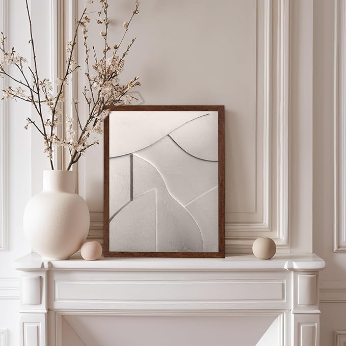 Monem Art Minimalist White Geometric Texture Print - Abstract Scandinavian Wall Art Poster - Wall Decor for Living Room, Bedroom or Office - 8x10 Brown Framed Wall Art by Mareike Bohmer