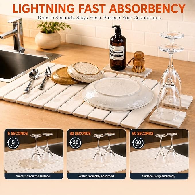 6-Pack Large Stone Dish Drying Mat for Kitchen Counter 23”x15” - Quick-Dry Absorbent Diatomaceous Earth Mat Set - Stone Faucet Mat 4"x23" + 3 Stone Trays 4"x8", 4"x4"+ Bamboo Palm Brush (White)