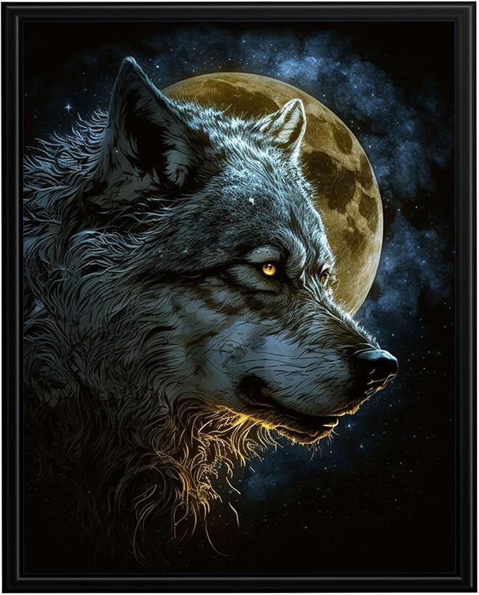 InkFlow Posters Wolf Poster - Majestic Wolf Under Full Moon - Nighttime Wildlife Art for Living Room, Bedroom, Home - Mystical Forest Graphic Print - 18x24 Unframed Canvas Print