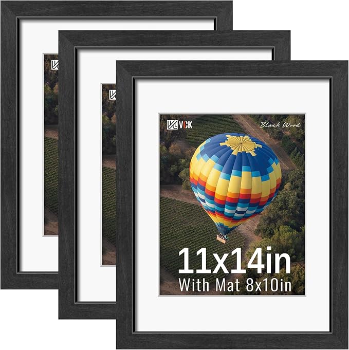 VCK 11x14 Picture Frames Black 3 Pack, Wide Border Solid Wood, Tempered Glass, Display 8x10 Photo with Mat or 11 x 14 Without, for Home, Office, Gallery, Woodgrain Series, Wall Hanging