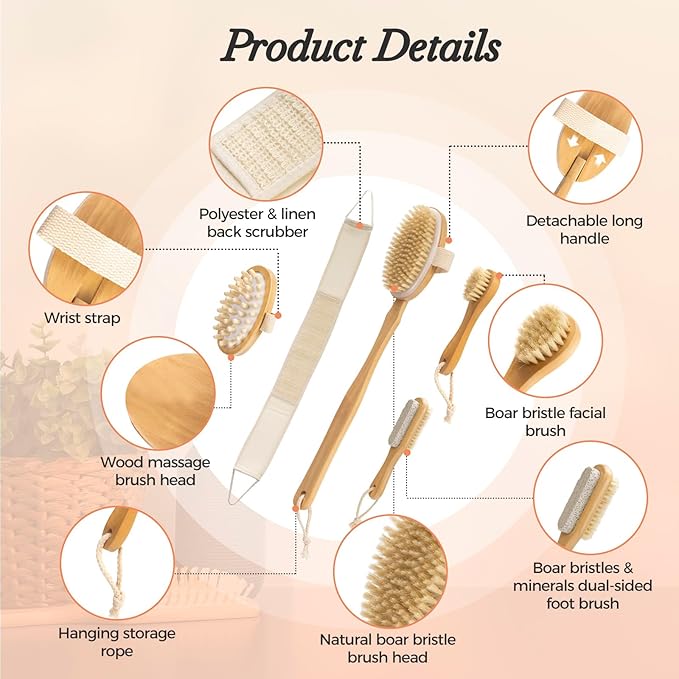 7 Packs Dry Brushing Body Brush Set for Lymphatic Drainage and Cellulite Massager, Long Handle Dry Brush for Body, Natural Boar Bristle Dry Body Brush Exfoliator