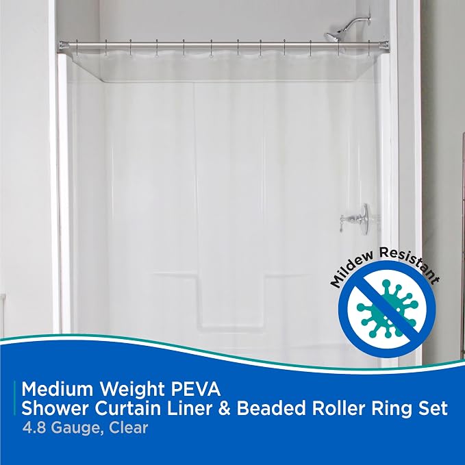 Kenney KN61708 Medium Weight 5 Gauge Waterproof PEVA Shower Curtain Liner with Durable Eyelet Hang Holes, Weighted Magnetic Hem, and 12 Piece Beaded Roller Ring Set for Bathroom, 70" W x 72" H, Clear
