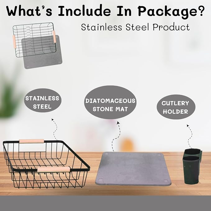 Dish Drying Rack with Stone Drying Mat - Dish Strainers for Kitchen Counter - Quick Absorption, Space Saving, Stainless Steel - Diatomaceous Earth Dish Drying Mat with Cutlery Holder