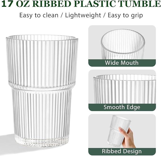 REALWAY 17oz Ribbed Plastic Glasses, Unbreakable Acrylic Drinking Cups – Clear, Reusable, Dishwasher Safe, Stackable Tumblers for Kitchen & Parties – Set of 12