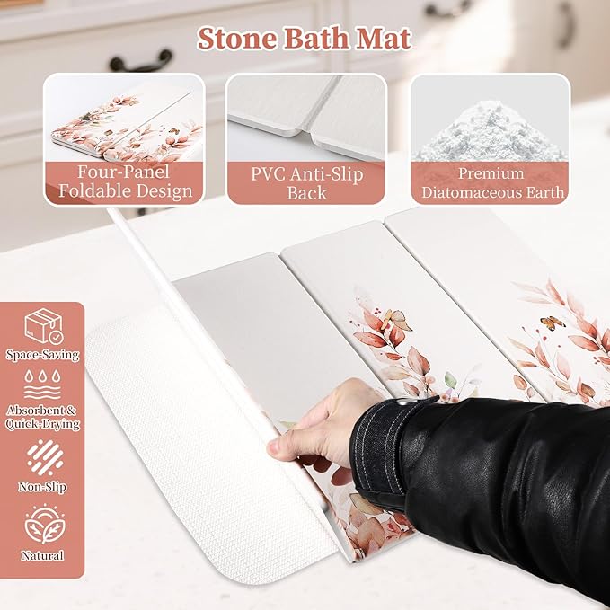 Large Stone Dish Drying Mat for Kitchen Counter, 24"×16" Quick Dry Dishes Mats, Foldable Diatomaceous Earth Drying Organizer Pad Water Absorbing for Plate Bottles Utensils