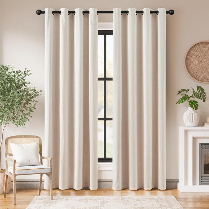 jinchan 100% Blackout Curtains 84 Inch Length 2 Panels Set Thermal Insulated Farmhouse Curtains for Bedroom Living Room Neutral Linen Drapes Light Blocking Grommet Window Treatments Natural 7FT