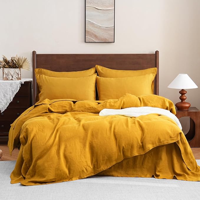 S VICTORY SYMBOL 100% Organic Linen Duvet Cover Set,Natural French Linen Bedding Set,Comforter Cover with Button Closure(Yellow,King) Soft,Breathable Comfy
