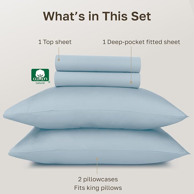 California Design Den Deep Pocket King Sheet Set - Certified Authentic 100% Egyptian Cotton Sheets, Soft Sateen, Deep Pockets with Gripper Elastic, Breathable and Durable Luxury Bedding - Light Blue