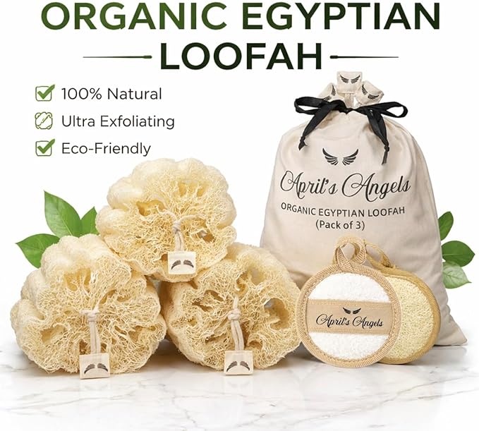 April's Angels 100% Natural Egyptian Loofah. Eco Friendly Exfoliating Scrubers for Body and Face. Natural Bathing Loofah for the Entire Family. Large Size (Set of 3 + 1 Exfoliating Face pad)
