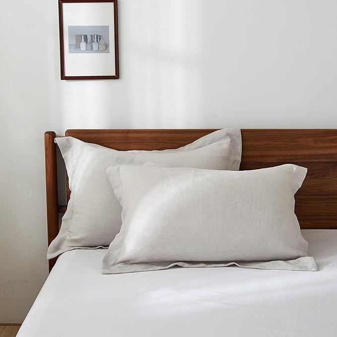 100% French Linen Pillow Shams Basic Style - Pack of 2 - Washed Solid Color Natural Flax Soft Breathable - Grey, 20'' x 26''