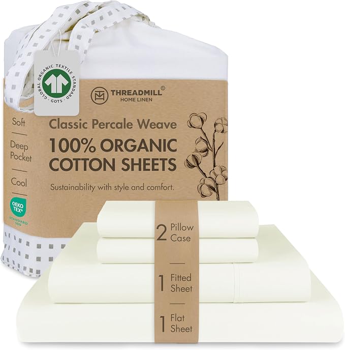 Threadmill 100% Organic Cotton Sheet Set - Full, 4 Piece, Ivory - GOTS Certified - Lightweight and Cooling Sheets with All-Around Elastic for Fitted Sheet Upto 16" Deep Pocket