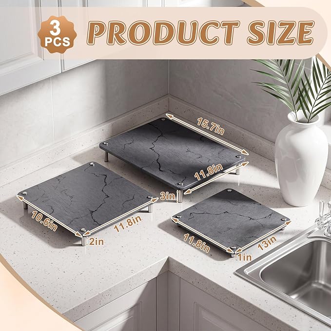 3 Pcs Nesting Stone Drying Mat for Kitchen Counter, Diatomaceous Dish Stone Drying Mats Quick for Kitchen Counter, Non Slip Feet, Heat Resistant, Nesting Stackable Design(Marble,Grey)
