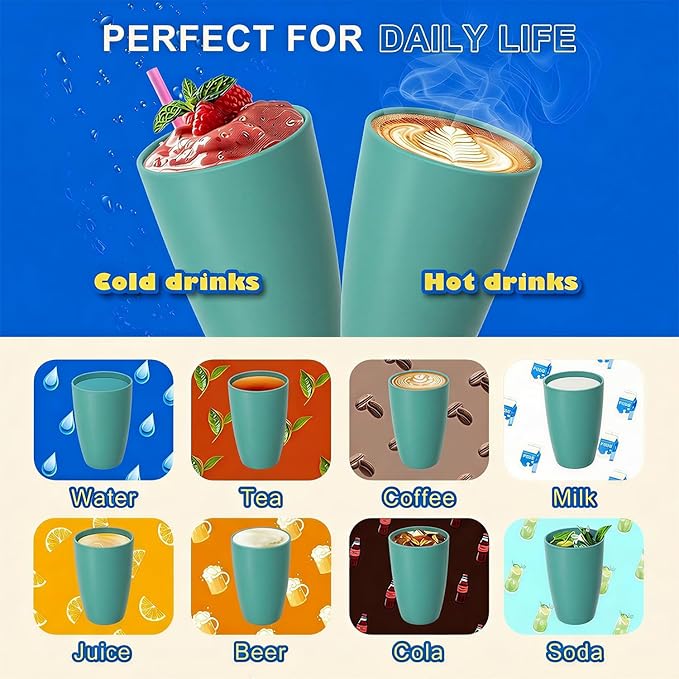 20 OZ Large Wheat Straw Cups Set of 6, Unbreakable Reusable Plastic Cup Alternative, Dishwasher Safe Drinking Cups & Tumblers for Kitchen, Outdoor, Green