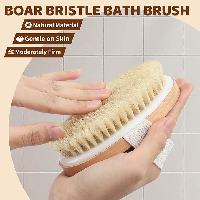 SAMEBUTECO 4 Pack Dry Body Brushing Brushes, Natural Bristle Exfoliating Scrub Brushes with Massage Nodes for Lymphatic Drainage, Skin Firming, Acne Treatment, and Cellulite Reduction