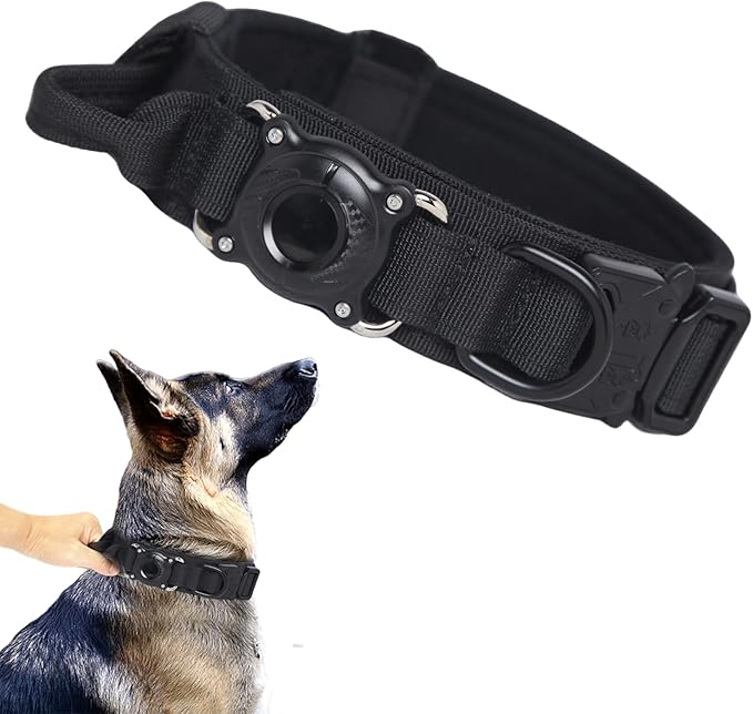 Upgraded AirTag Dog Collar,Waterproof Tactical Dog Collar with AirTag Holder, Control Handle and Metal Buckle,Heavy Duty Dog Collars for Large Dogs(Black，M
