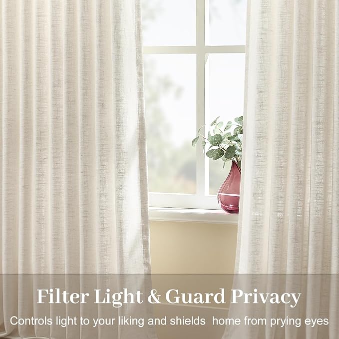 70 Inch Extra Width Pinch Pleated Curtains, Memory Trained Pleated Linen Sheer Curtain Light Filtering Privacy Hooks Rings Back Tab Drapes for Living Room Sliding Door, 1 Panel, 70x96, Natural