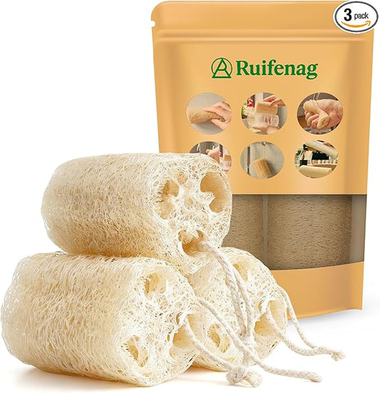 Natural Loofah Sponges – 3 Pack for Shower & Bath – Eco-Friendly Exfoliation, Body Scrubber,wash The Dishes, & Pet Grooming – Biodegradable, Chemical-Free