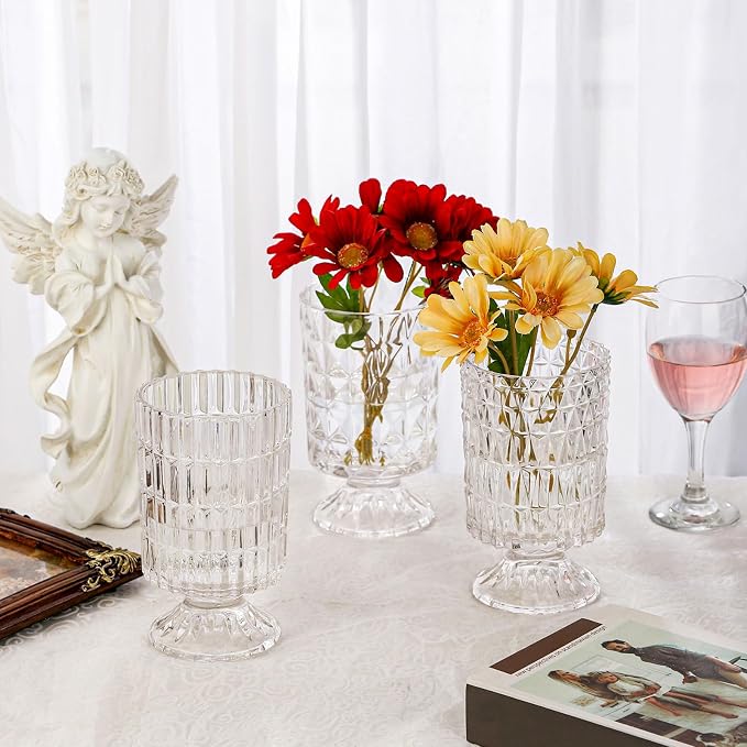 VanEnjoy Pedestal Base Glass Vase Wide Mouth vases for Flowers, Embossed Flower Vase Decorative for Home Office Wedding Holiday Party - 9 inches Rhomb