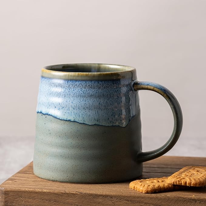 15.5 Oz Large Reactive Glaze Ceramic Mug, Heavy Weighted Stoneware Coffee Cup, Wide Base, Thick Wall Big Tea Cup with Custom Package Box, Microwave & Dishwasher Safe(Blue-Grey)