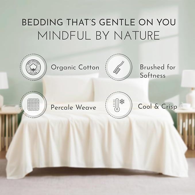 Linen Closet 100% Organic Cotton Queen Sheets Set - 4 Pieces Percale Weave Cooling Bed Sheets for Hot Sleepers - 16" Deep Pocket Fitted Sheet - Crisp, Breathable & Brushed for Softness - Fresh Ivory