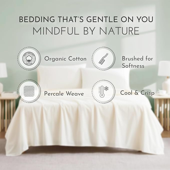 Linen Closet 100% Organic Cotton King Size Sheets Set - 4Pcs Percale Weave Cooling Bed Sheets for Hot Sleepers - 16" Deep Pocket Fitted Sheet - Crisp, Breathable & Brushed for Softness - Fresh Ivory