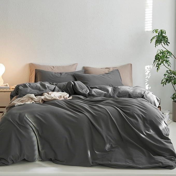 MooMee Twin Duvet Cover Set, 100% Washed Cotton Linen Like Twill Thick Sturdy Material Super Soft Breathable Durable Bedding for All Season, 2 Pieces (Dark Gray, Twin 68"x90")