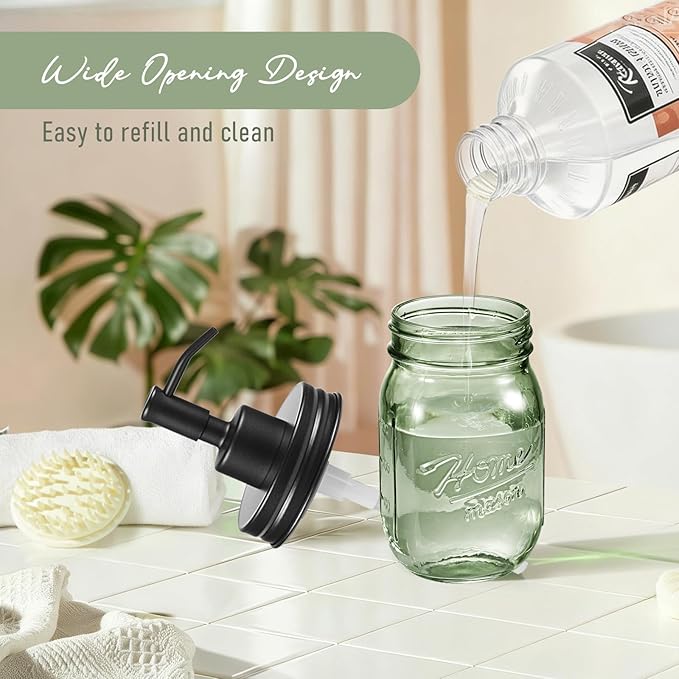 SheeChung Mason Jar Green Glass Soap Dispenser, Stainless Steel Pump, Refillable Dish soap Dispenser for Kitchen, 16Oz Bathroom Hand Soap Dispenser for Lotion, Liquid, Farmhouse Decor-Black, 2 Pack