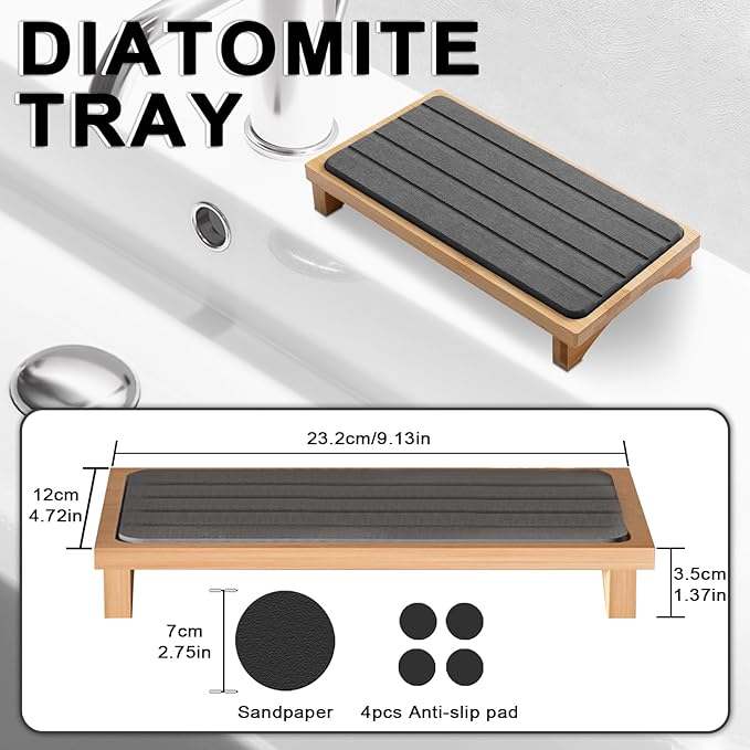 2PCS Water Absorbing Drying Tray with Wooden Base Stone Diatomaceous Stone Soap Dish Holder Quick Dry Sink Organizer for Kitchen Bathroom(White & Gray)