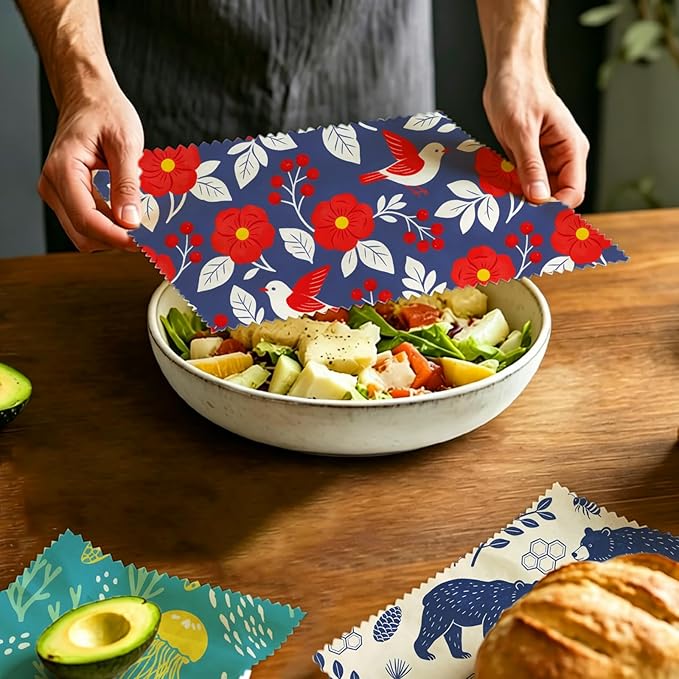 Reusable Beeswax Wrap, 9 Pack Eco-Friendly Wraps For Food, Organic, Sustainable, Zero Waste, Plastic-Free Food Storage, 1XL, 3M, 5S, Birds Bears Turtles Patterns