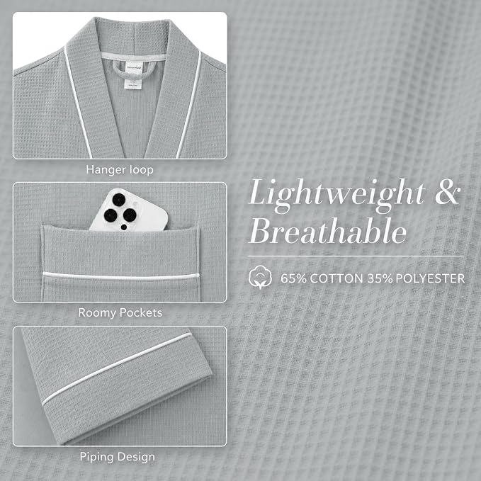 Inner Wish Women's Cotton Waffle Kimono Robe, Lightweight Quick Dry Spa Shower Robe with Pockets