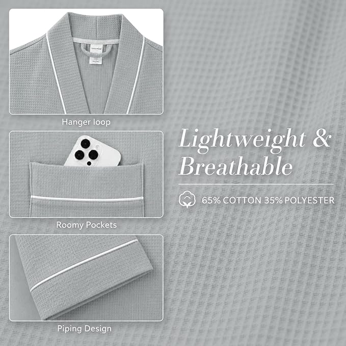 Inner Wish Women's Cotton Waffle Kimono Robe, Lightweight Quick Dry Spa Shower Robe with Pockets