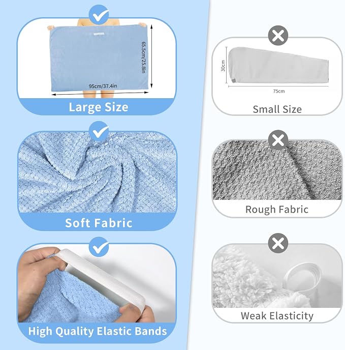my novel things 2 Pack Extra Large Microfiber Hair Towel Wrap for Women, 37.4" x 26.4" Super Absorbent & Quick Dry with Elastic Strap for Curly Hair (Blue)