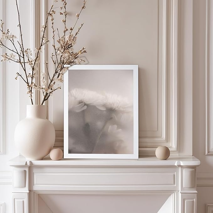 Monem Art Ethereal White Flower Print - Minimalist Botanical Photography Poster - Wall Decor for Living Room, Bedroom or Office - 8x10 White Framed Wall Art by Mareike Bohmer