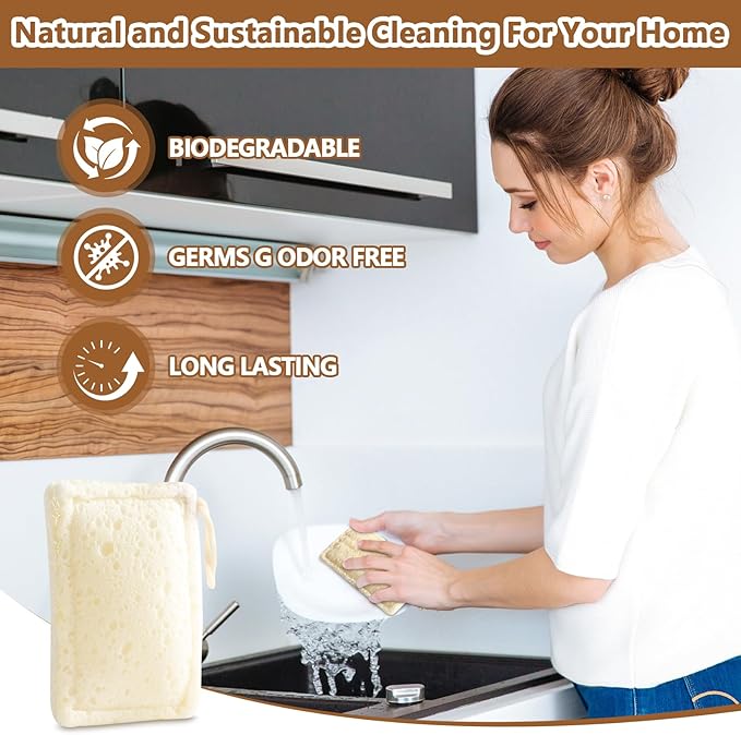 6 Pack Natural Loofah Dish Sponge, 100% Biodegradable Compostable Dishwashing Kitchen Dish Sponges with Cotton Hanging Loop for Kitchen, Bathroom, Household