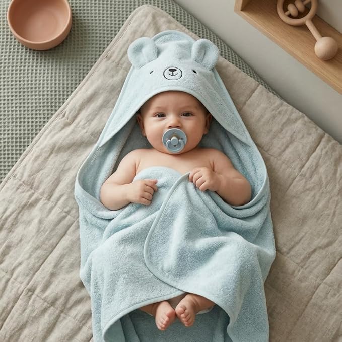 Hooded Baby Towels – 100% Organic Cotton Baby Bath Towels – Baby Boy Newborn Essentials - Super-Soft and Absorbent. (2-Pack Bear Fog and Bear Baby Blue)