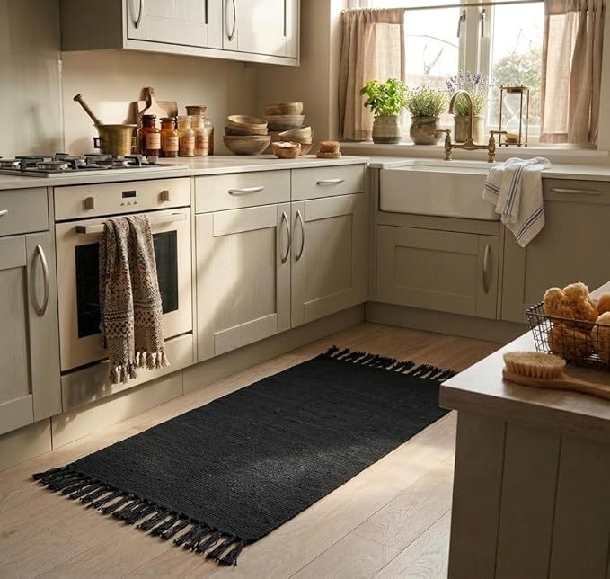 Seavish Black Kitchen Rugs, 2x4 Washable Bathroom Rug Runner, Cotton Recycled Woven Area Rug, Boho Throw Rugs with Tassles, Braid Farmhouse Accent Carpet for Laundry Porch Entryway Front Door Mat