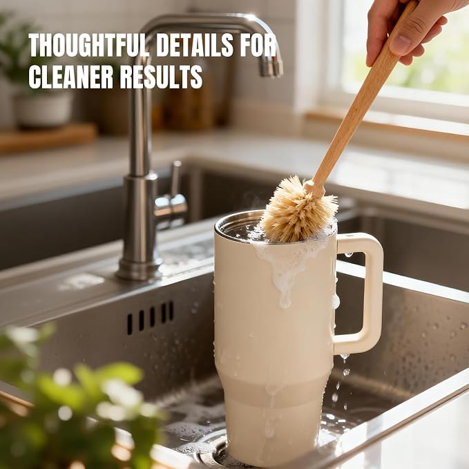 Wooden Dish Brush - Round Kitchen Scrub Brush for Pots, Pans & Cast Iron Skillets - Heavy Duty Vegetable Scrubber & Sink Cleaner (Natural Beech)