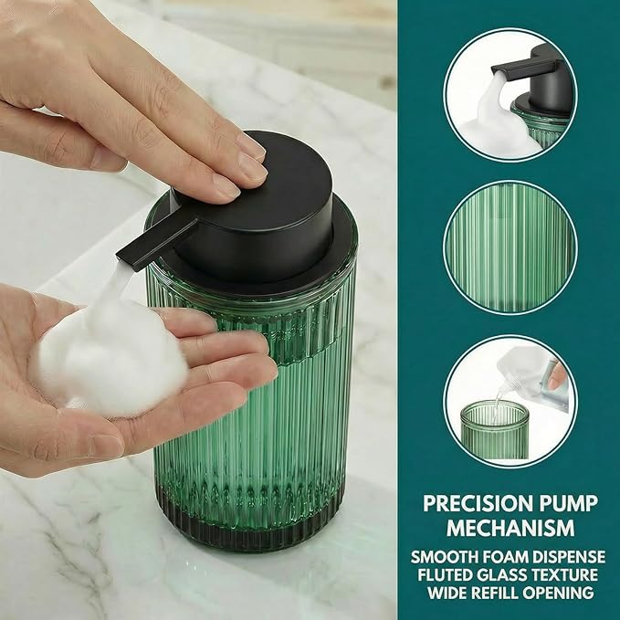 Green Glass Foaming Hand Soap Dispenser with Matte Black Pump Thick Striped Bottle Refillable for Bathroom and Kitchen Decor 12 fl oz