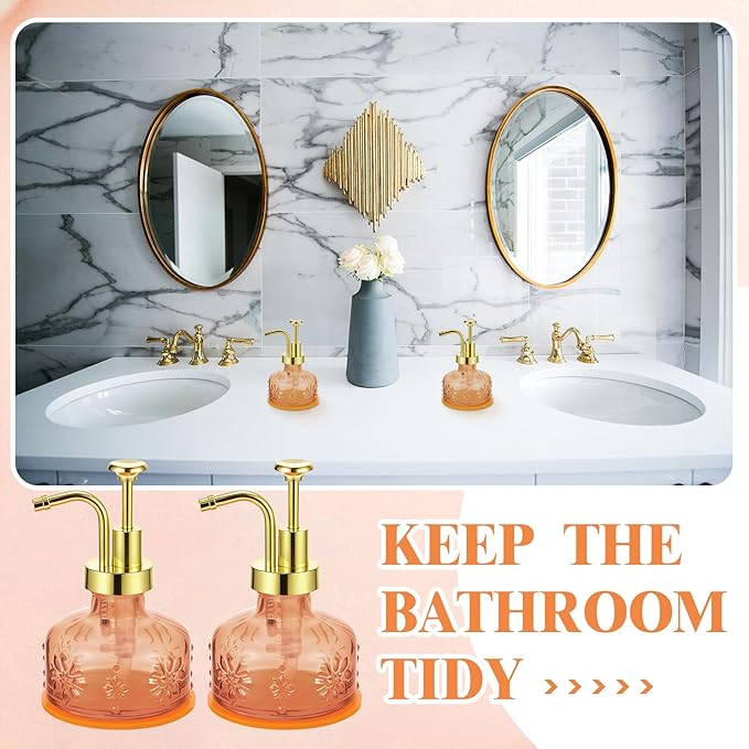 Tioncy 2 Pcs Antique Soap Dispenser Kitchen Bathroom Countertop Glass Soap Pump Dispenser Refillable Rustic Small Liquid Container with Non Slip Silicone Coaster(Orange)
