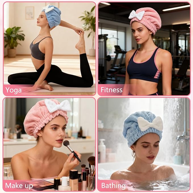 2PCS Super Absorbent Hair Towel Wrap for Wet Hair,Microfiber Hair Drying with Caps Bow Design,2026 New Fast Drying Hair Turban Wrap Towels Shower Cap for Girls and Women(Pink, Blue)