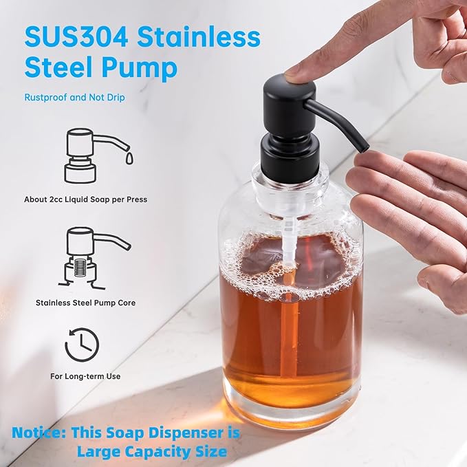 Glass Soap Dispenser Clear Bottle with Black Pump, 17 OZ Liquid Soap Dispenser Cylindrical with Stainless Steel Pump for Dish Hand Soap Bathroom Kitchen Large Capacity