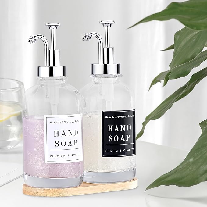 Glass Soap Dispenser with Pump,Tray,Funnel, Countertop Soap and Lotion Dispenser Set of 2 with 60 Stickers, Dish and Hand Soap Dispenser Bottle for Kitchen,Bathroom,Shower, 500ml/16.9oz