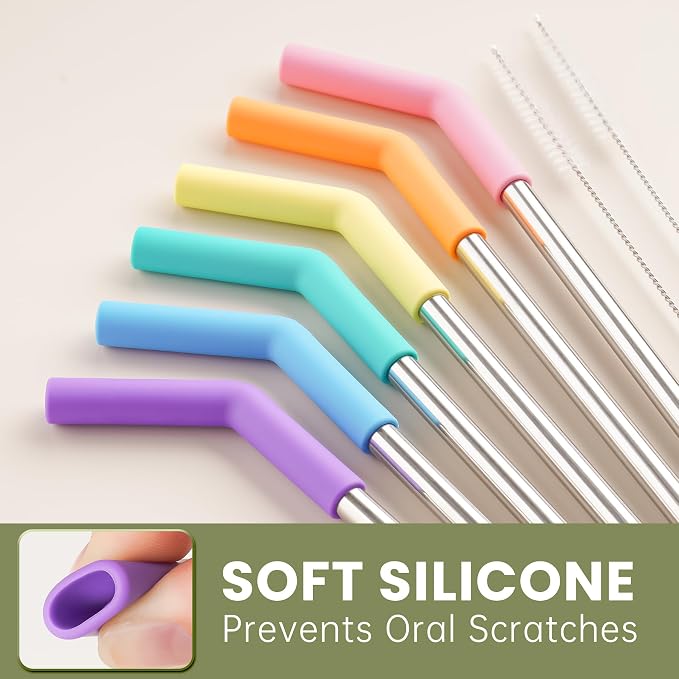 Tomorotec 6-Pack Stainless Steel Reusable Straw with Silicone Tip 3 Sizes, Metal Drinking Straws Fit for Stanley Quencher Tumblers 40oz, 30oz, 20oz, 14oz, Cleaning Brushes Included (Rainbow)