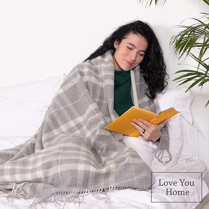 LYHome Cashmere Blanket with Merino - Luxury Wool Throw Soft Cozy and Warm, Decorative Throws Couch Bed Sofa, Warmest Blankets for Travel Camping & Cold Weather (55x79 | Grey with White Tartan)