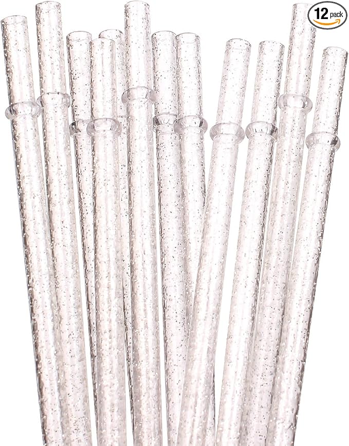 Dakoufish BPA-Free 12 Piece 11 Inch Reusable Clear Plastic Glitter Sparkle Drinking Straw Plus one Cleaning Brush (Clear,11inch)