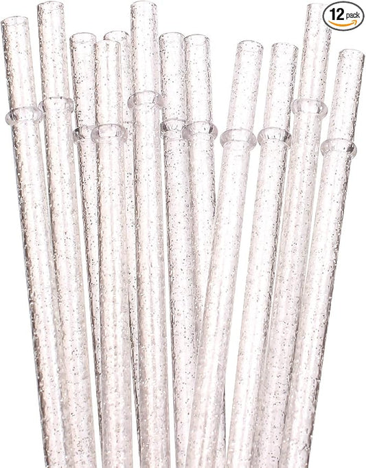 Dakoufish BPA-Free 12 Piece 11 Inch Reusable Clear Plastic Glitter Sparkle Drinking Straw Plus one Cleaning Brush (Clear,11inch)