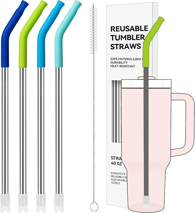 40 oz Straight Metal Straws for 40 oz Stanley Tumbler | 6 Pcs Stainless Steel Reusable Drinking Metal Straw with Colourful Silicone Tips,Straw for Glass Cups, BPA FREE
