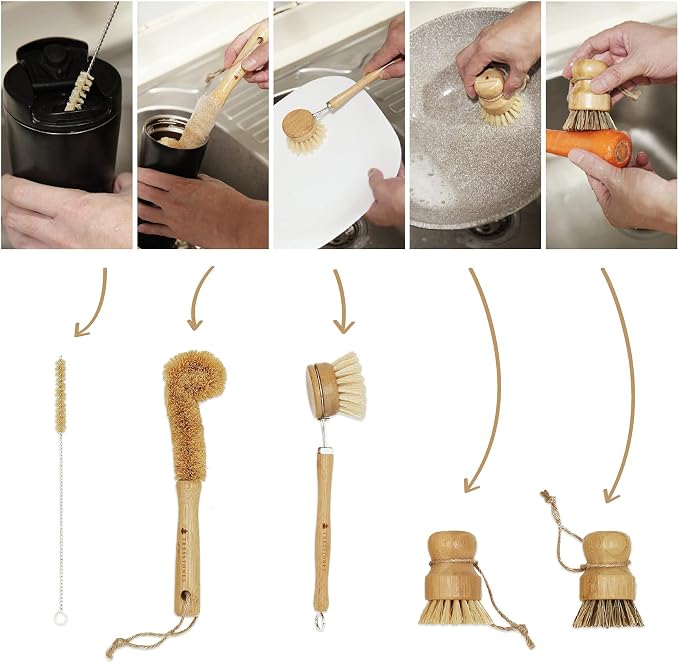 Natural Bamboo Dish Brush Set with Holder - Eco Friendly Wooden Dish Brush