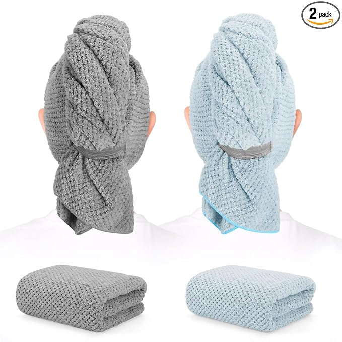 2 Pack Microfiber Hair Towel - 41 x 24 inches Super Soft, Absorbent, Fast Drying Without Frizz Hair Towel Wrap for Women Long, Thick, Curly Hair - Hair Turbans with Elastic Strap